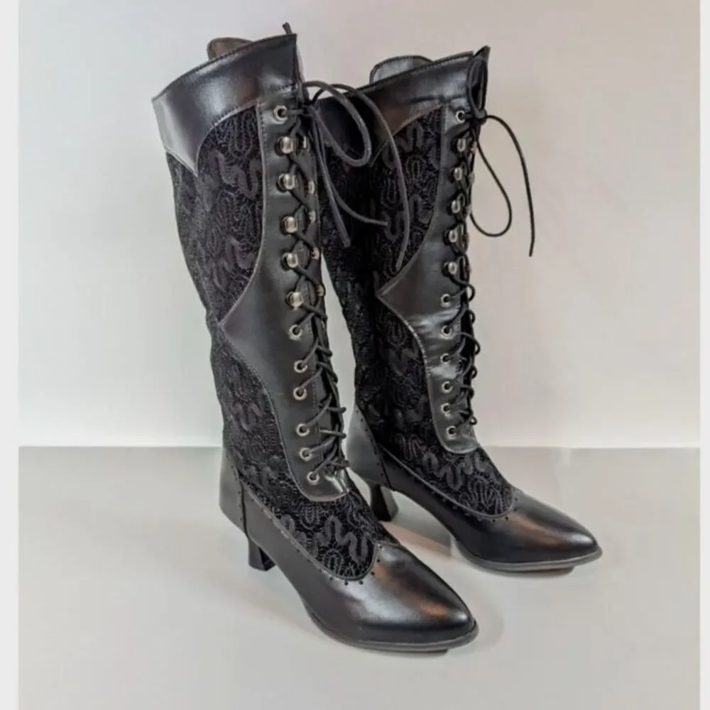 Victorian Goth Lace Up Boots Black Regency Kitten Heel Size 4.5-5 Pirate Cosplay - Picture 2 of 14